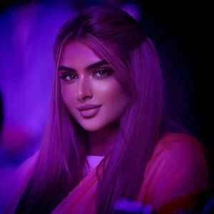 Bridal makeup look by Dolledup By Tooba in purple lighting with sleek long hair and flawless glam